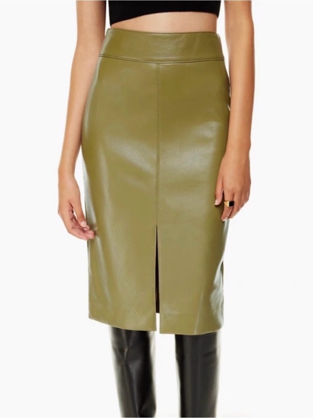 Aritzia Babaton Pegu Vegan Leather Pencil Midi Skirt Olive Green Size 6